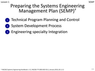 Preparing the Systems Engineering
Management Plan (SEMP)†
Technical Program Planning and Control
System Development Process
Engineering specialty Integration
108
Lesson 1
1
2
3
SEMP
† INCOSE Systems Engineering Handbook v. 3.2, INCOSE-TP-2003-002-03.2, January 2010, §5.1.2.2
 