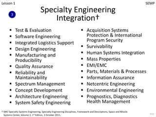 Specialty Engineering
Integration†
§ Test & Evaluation
§ Software Engineering
§ Integrated Logistics Support
§ Design Engineering
§ Manufacturing and
Producibility
§ Quality Assurance
§ Reliability and
Maintainability
§ Spectrum Management
§ Concept Development
§ Architecture Engineering
§ System Safety Engineering
§ Acquisition Systems
Protection & International
Program Security
§ Survivability
§ Human Systems Integration
§ Mass Properties
§ EMI/EMC
§ Parts, Materials & Processes
§ Information Assurance
§ Netcentric Engineering
§ Environmental Engineering
§ Prognostics, Diagnostics
Health Management
111
Lesson 1 SEMP
3
† SMC Specialty Systems Engineering, Specialty Engineering Disciplines, Framework and Descriptions, Space and Missile
Systems Center, Volume 2, 1st
Edition, 3 October 2011,
 