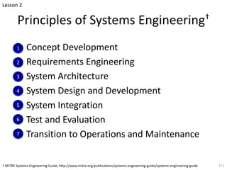 Principles of Systems Engineering†
Concept Development
Requirements Engineering
System Architecture
System Design and Development
System Integration
Test and Evaluation
Transition to Operations and Maintenance
121
Lesson 2
1
2
3
4
6
5
† MITRE Systems Engineering Guide, http://www.mitre.org/publications/systems-engineering-guide/systems-engineering-guide
7
 