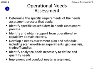 Operational Needs
Assessment
§ Determine the specific requirements of the needs
assessment process that apply.
§ Identify specific stakeholders in needs assessment
process.
§ Identify and obtain support from operational or
capability domain experts.
§ Develop a needs assessment plan and schedule,
including scenario-driven experiments, gap analysis,
tradeoff studies.
§ Identify analytical tools necessary to define and
quantify needs.
§ Implement and conduct needs assessment.
123
1
Concept Development
Lesson 2
 