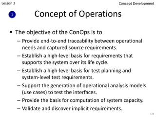 Concept of Operations
§ The objective of the ConOps is to
– Provide end-to-end traceability between operational
needs and captured source requirements.
– Establish a high-level basis for requirements that
supports the system over its life cycle.
– Establish a high-level basis for test planning and
system-level test requirements.
– Support the generation of operational analysis models
(use cases) to test the interfaces.
– Provide the basis for computation of system capacity.
– Validate and discover implicit requirements.
124
1
Concept Development
Lesson 2
 