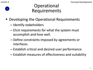 Operational
Requirements
§ Developing the Operational Requirements
– Identify stakeholders
– Elicit requirements for what the system must
accomplish and how well.
– Define constraints imposed by agreements or
interfaces
– Establish critical and desired user performance
– Establish measures of effectiveness and suitability
127
1
Concept Development
Lesson 2
 