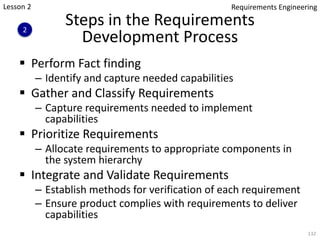 Steps in the Requirements
Development Process
§ Perform Fact finding
– Identify and capture needed capabilities
§ Gather and Classify Requirements
– Capture requirements needed to implement
capabilities
§ Prioritize Requirements
– Allocate requirements to appropriate components in
the system hierarchy
§ Integrate and Validate Requirements
– Establish methods for verification of each requirement
– Ensure product complies with requirements to deliver
capabilities
132
Lesson 2
2
Requirements Engineering
 