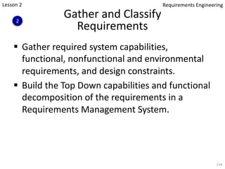 Gather and Classify
Requirements
§ Gather required system capabilities,
functional, nonfunctional and environmental
requirements, and design constraints.
§ Build the Top Down capabilities and functional
decomposition of the requirements in a
Requirements Management System.
134
Lesson 2
2
Requirements Engineering
 