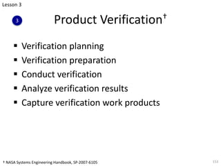 Product Verification†
§ Verification planning
§ Verification preparation
§ Conduct verification
§ Analyze verification results
§ Capture verification work products
153
Lesson 3
3
† NASA Systems Engineering Handbook, SP-2007-6105
 