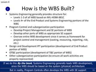 § Systems Engineering generally provides structure for:
– Levels 1-3 of all WBS based on MIL-HDBK-881C
– Levels 4+ of the End Product and Systems Engineering portions of the
WBS
§ Program Control and suborganization participation
– Develop Project Management and SE portions of WBS
– Develop other parts of WBS as appropriate SE support
– Oversee entire WBS development since it serves as framework for
project control and management (costing, resourcing, reporting, risk,
etc.)
§ Design and Development IPT participation (development of End Product
portion of WBS)
§ OT&E participation (development of T&E portion of WBS)
§ Other suborganization participation (to ensure all work activities are
properly represented)
How is the WBS Built?
If we do this By the book, Systems Engineering generally leads WBS development,
since the WBS should be based on the system (physical) architecture
But in reality, Program Controls often develops the WBS with SE support 191
Lesson 4
1
 