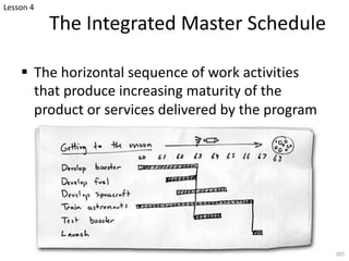 The Integrated Master Schedule
§ The horizontal sequence of work activities
that produce increasing maturity of the
product or services delivered by the program
207
Lesson 4
 