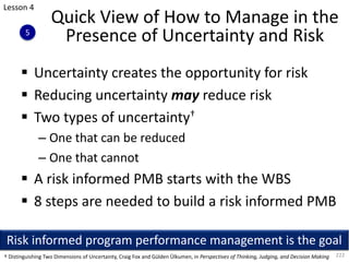 § Uncertainty creates the opportunity for risk
§ Reducing uncertainty may reduce risk
§ Two types of uncertainty†
– One that can be reduced
– One that cannot
§ A risk informed PMB starts with the WBS
§ 8 steps are needed to build a risk informed PMB
222
Quick View of How to Manage in the
Presence of Uncertainty and Risk
Risk informed program performance management is the goal
† Distinguishing Two Dimensions of Uncertainty, Craig Fox and Gülden Ülkumen, in Perspectives of Thinking, Judging, and Decision Making
Lesson 4
5
 
