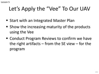 Let’s Apply the “Vee” To Our UAV
§ Start with an Integrated Master Plan
§ Show the increasing maturity of the products
using the Vee
§ Conduct Program Reviews to confirm we have
the right artifacts – from the SE view – for the
program
259
Lesson 5
 