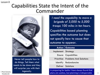 Capabilities State the Intent of the
Commander
33
Action Outcome
Implement Strategy
Ensure Capabilities
Prioritize Problems And Solutions
Identify Redundancies
Deliver Solutions
† Photo Eustachy
Kossakowski
Lesson 0
In preparing for battle I have always found that
plans are useless, but planning is indispensible
 