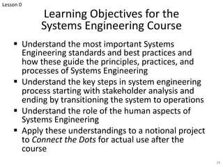 Learning Objectives for the
Systems Engineering Course
§ Understand the most important Systems
Engineering standards and best practices and
how these guide the principles, practices, and
processes of Systems Engineering
§ Understand the key steps in system engineering
process starting with stakeholder analysis and
ending by transitioning the system to operations
§ Understand the role of the human aspects of
Systems Engineering
§ Apply these understandings to a notional project
to Connect the Dots for actual use after the
course
38
Lesson 0
 
