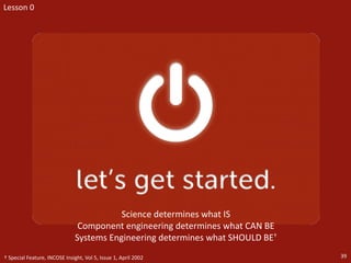 Lesson 0
39
Science determines what IS
Component engineering determines what CAN BE
Systems Engineering determines what SHOULD BE†
† Special Feature, INCOSE Insight, Vol 5, Issue 1, April 2002
 