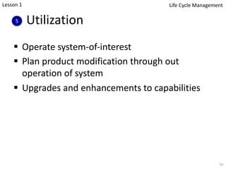 Utilization
§ Operate system-of-interest
§ Plan product modification through out
operation of system
§ Upgrades and enhancements to capabilities
59
5
Lesson 1 Life Cycle Management
 