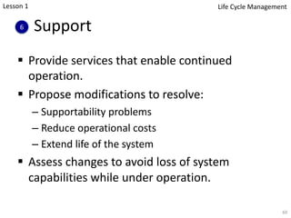 Support
§ Provide services that enable continued
operation.
§ Propose modifications to resolve:
– Supportability problems
– Reduce operational costs
– Extend life of the system
§ Assess changes to avoid loss of system
capabilities while under operation.
60
6
Lesson 1 Life Cycle Management
 