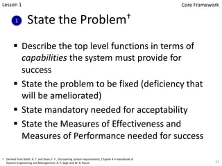 State the Problem†
§ Describe the top level functions in terms of
capabilities the system must provide for
success
§ State the problem to be fixed (deficiency that
will be ameliorated)
§ State mandatory needed for acceptability
§ State the Measures of Effectiveness and
Measures of Performance needed for success
1
63
Lesson 1 Core Framework
† Derived from Bahill, A. T. and Dean, F. F., Discovering system requirements, Chapter 4 in Handbook of
Systems Engineering and Management, A. P. Sage and W. B. Rouse
 