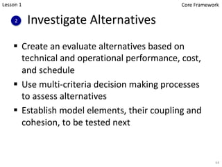 Investigate Alternatives
§ Create an evaluate alternatives based on
technical and operational performance, cost,
and schedule
§ Use multi-criteria decision making processes
to assess alternatives
§ Establish model elements, their coupling and
cohesion, to be tested next
2
64
Lesson 1 Core Framework
 