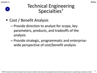 Technical Engineering
Specialties†
§ Cost / Benefit Analysis
– Provide direction to analyst for scope, key
parameters, products, and tradeoffs of the
analysis
– Provide strategic, programmatic and enterprise-
wide perspective of cost/benefit analysis
86
Lesson 1
4
Roles
† MITRE Corporation Systems Engineering Competency Model, http://www.mitre.org/publications/technical-papers/systems-engineering-competency-model
 