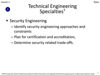 Technical Engineering
Specialties†
§ Security Engineering
– Identify security engineering approaches and
constraints
– Plan for certification and accreditation,
– Determine security related trade-offs.
89
Lesson 1
4
Roles
† MITRE Corporation Systems Engineering Competency Model, http://www.mitre.org/publications/technical-papers/systems-engineering-competency-model
 