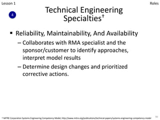 Technical Engineering
Specialties†
§ Reliability, Maintainability, And Availability
– Collaborates with RMA specialist and the
sponsor/customer to identify approaches,
interpret model results
– Determine design changes and prioritized
corrective actions.
90
Lesson 1
4
Roles
† MITRE Corporation Systems Engineering Competency Model, http://www.mitre.org/publications/technical-papers/systems-engineering-competency-model
 