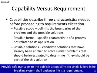 Capability Versus Requirement
§ Capabilities describe three characteristics needed
before proceeding to requirements elici...