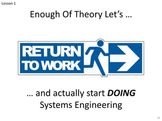 Enough Of Theory Let’s …
96
… and actually start DOING
Systems Engineering
Lesson 1
 