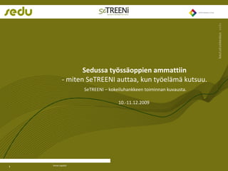 Sedussa työssäoppien ammattiin - miten SeTREENI auttaa, kun työelämä kutsuu.   SeTREENI – kokeiluhankkeen toiminnan kuvausta. 10.-11.12.2009  Anne Lepistö  