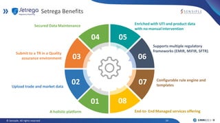14© Sensiple. All rights reserved
Setrega Benefits
02
03
04 05
06
07
A holistic platform
Upload trade and market data
Submit to a TR in a Quality
assurance environment
Configurable rule engine and
templates
Supports multiple regulatory
frameworks (EMIR, MiFIR, SFTR).
Enriched with UTI and product data
with no manual intervention
08
End-to- End Managed services offering
01
Secured Data Maintenance
 