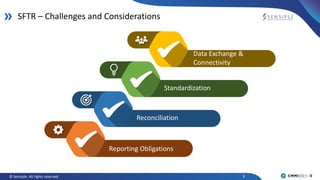 9© Sensiple. All rights reserved
SFTR – Challenges and Considerations
Data Exchange &
Connectivity
Standardization
Reconciliation
Reporting Obligations
 