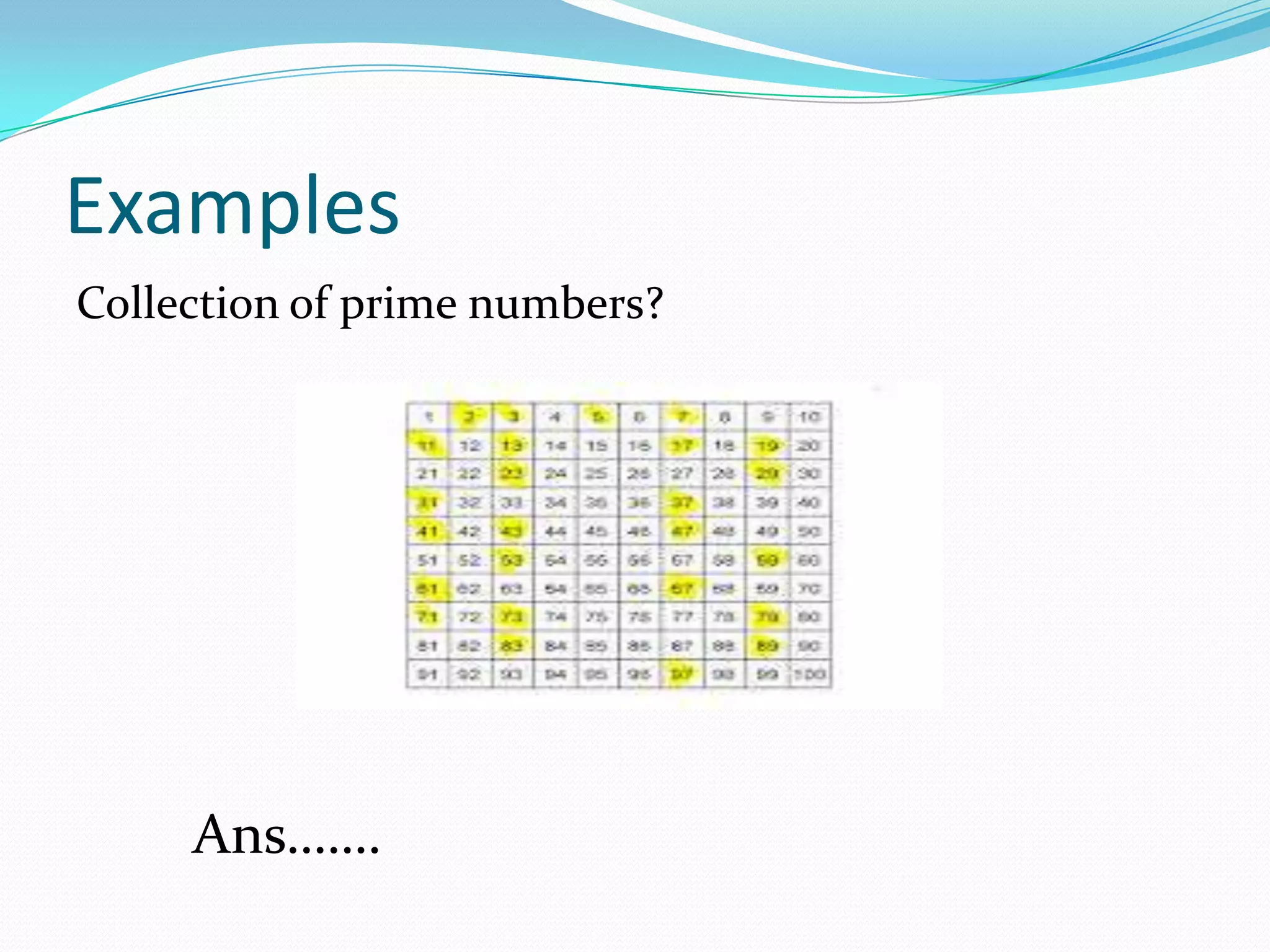 Examples
Collection of prime numbers?
Ans…….
 