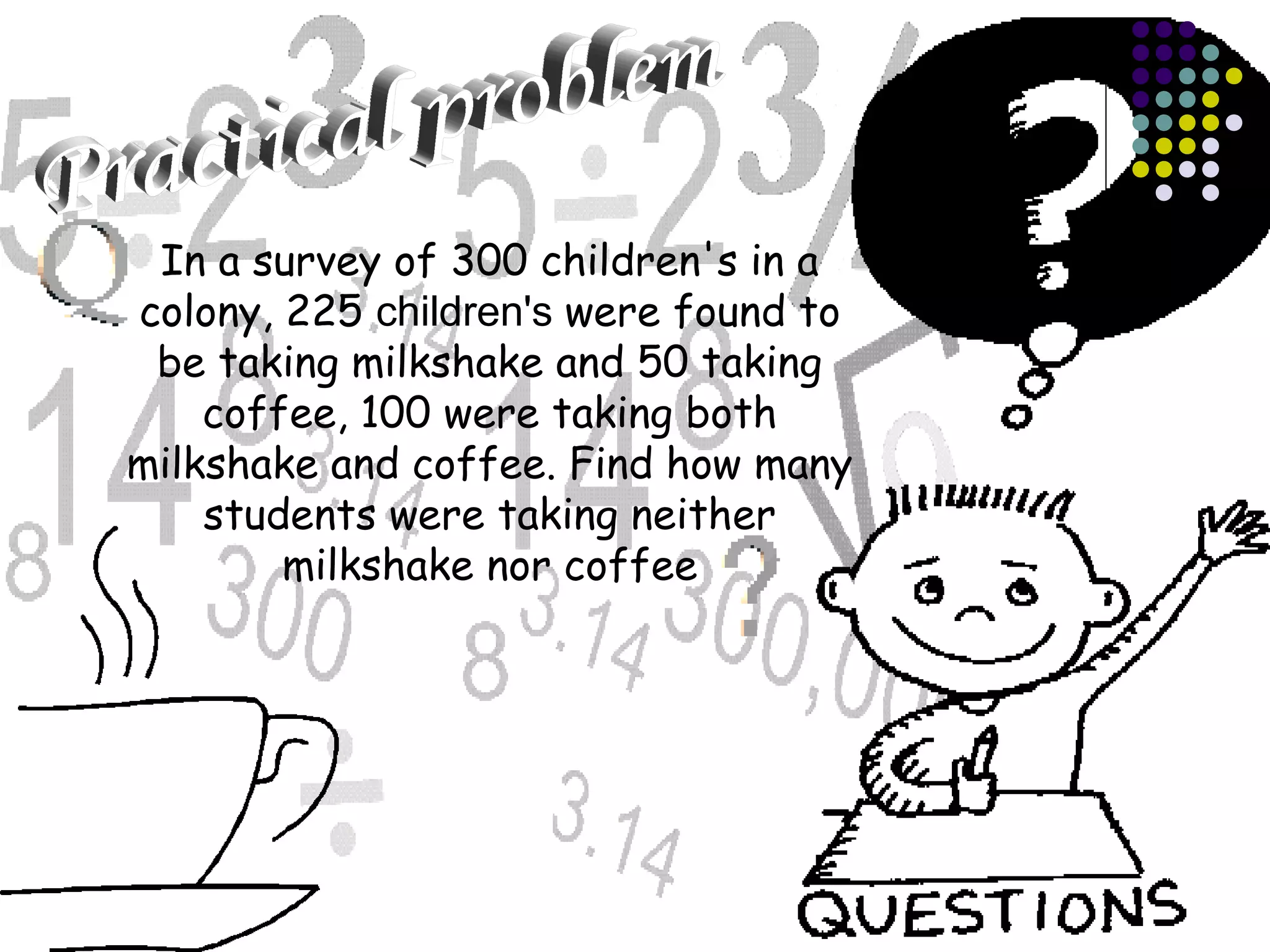 In a survey of 300 children's in a 
colony, 225 children's were found to 
be taking milkshake and 50 taking 
coffee, 100 were taking both 
milkshake and coffee. Find how many 
students were taking neither 
milkshake nor coffee 
 