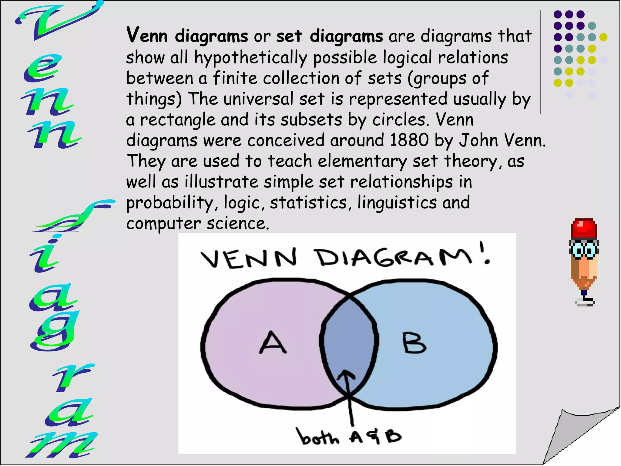 Venn diagrams or set diagrams are diagrams that 
show all hypothetically possible logical relations 
between a finite collection of sets (groups of 
things) The universal set is represented usually by 
a rectangle and its subsets by circles. Venn 
diagrams were conceived around 1880 by John Venn. 
They are used to teach elementary set theory, as 
well as illustrate simple set relationships in 
probability, logic, statistics, linguistics and 
computer science. 
 