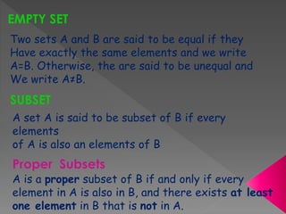 EMPTY SET
SUBSET
Two sets A and B are said to be equal if they
Have exactly the same elements and we write
A=B. Otherwise, the are said to be unequal and
We write A≠B.
A set A is said to be subset of B if every
elements
of A is also an elements of B
Proper Subsets
A is a proper subset of B if and only if every
element in A is also in B, and there exists at least
one element in B that is not in A.
 