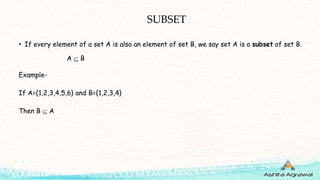 SUBSET
• If every element of a set A is also an element of set B, we say set A is a subset of set B.
A  B
Example-
If A={...
