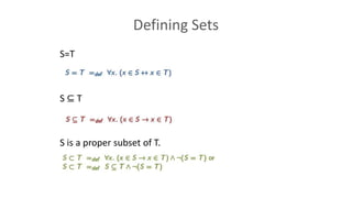 Defining Sets
S=T
S ⊆ T
S is a proper subset of T.
 