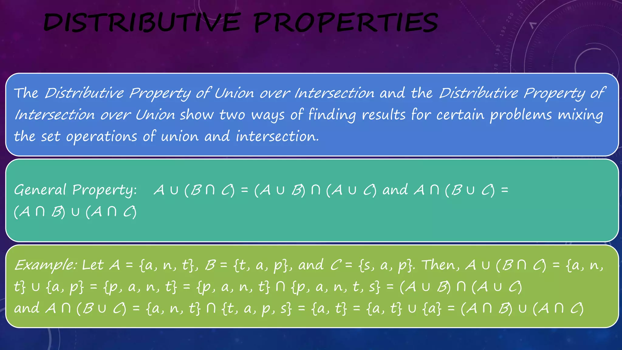 DISTRIBUTIVE PROPERTIES
The Distributive Property of Union over Intersection and the Distributive Property of
Intersection over Union show two ways of finding results for certain problems mixing
the set operations of union and intersection.
General Property: A ∪ (B ∩ C) = (A ∪ B) ∩ (A ∪ C) and A ∩ (B ∪ C) =
(A ∩ B) ∪ (A ∩ C)
Example: Let A = {a, n, t}, B = {t, a, p}, and C = {s, a, p}. Then, A ∪ (B ∩ C) = {a, n,
t} ∪ {a, p} = {p, a, n, t} = {p, a, n, t} ∩ {p, a, n, t, s} = (A ∪ B) ∩ (A ∪ C)
and A ∩ (B ∪ C) = {a, n, t} ∩ {t, a, p, s} = {a, t} = {a, t} ∪ {a} = (A ∩ B) ∪ (A ∩ C)
 