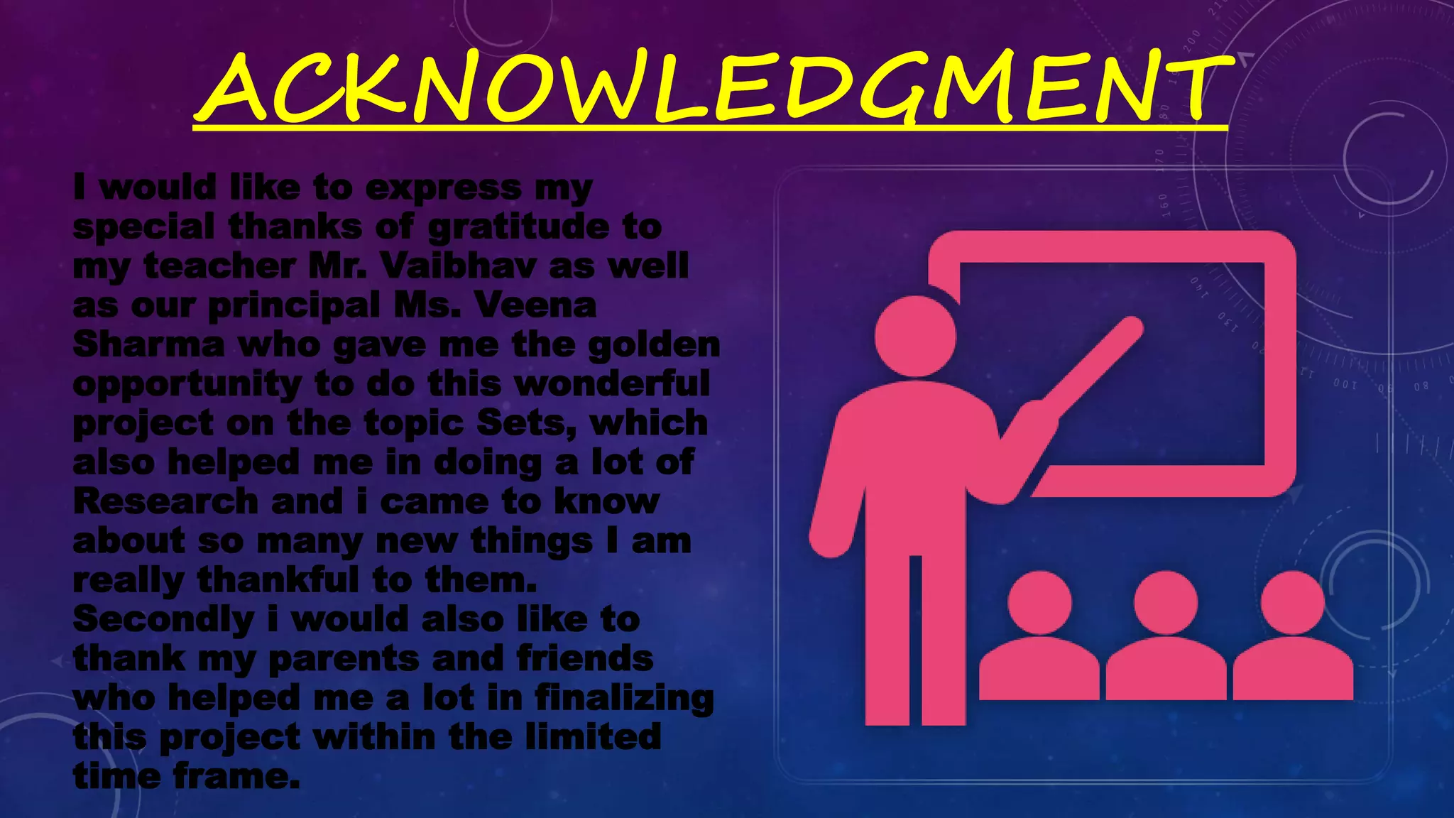 ACKNOWLEDGMENT
I would like to express my
special thanks of gratitude to
my teacher Mr. Vaibhav as well
as our principal Ms. Veena
Sharma who gave me the golden
opportunity to do this wonderful
project on the topic Sets, which
also helped me in doing a lot of
Research and i came to know
about so many new things I am
really thankful to them.
Secondly i would also like to
thank my parents and friends
who helped me a lot in finalizing
this project within the limited
time frame.
 