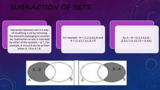 SUBRACTION OF SETS
Subraction between sets is a way
of modifying a set by removing
the elements belonging to another
set. Subtraction of sets is indicated
by either of the symbols – or . For
example, A minus B can be written
either A – B or A  B.
For example : A = { 1,2,3,4,5,6} and
B = { 2,3,5,7,11,13,17}
So, A – B = {1,2,3,4,5,6} -
{2,3,5,7,11,13,17} = {1,4,6}
 