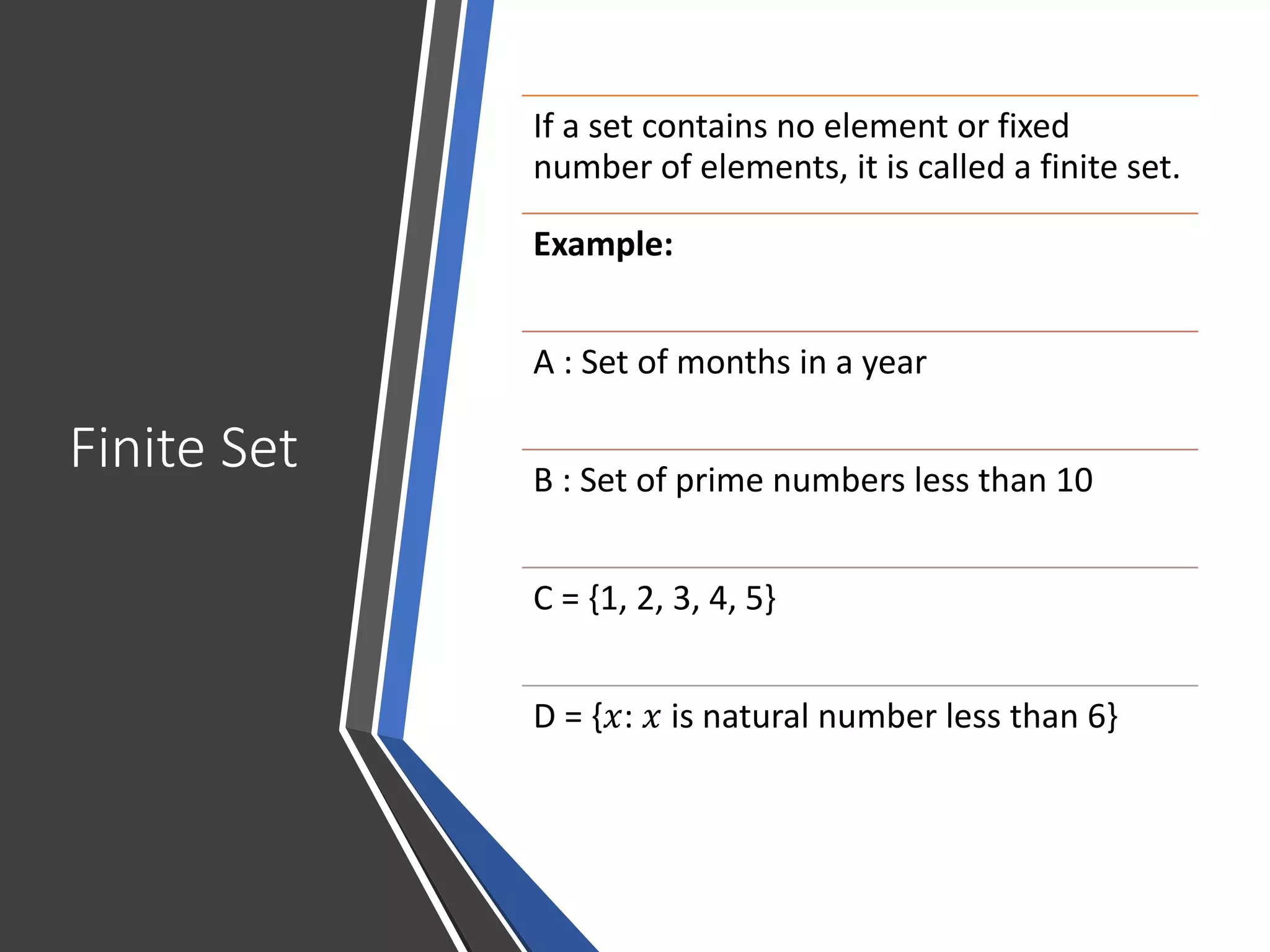 Finite Set
If a set contains no element or fixed
number of elements, it is called a finite set.
Example:
A : Set of months in a year
B : Set of prime numbers less than 10
C = {1, 2, 3, 4, 5}
D = {𝑥: 𝑥 is natural number less than 6}
 