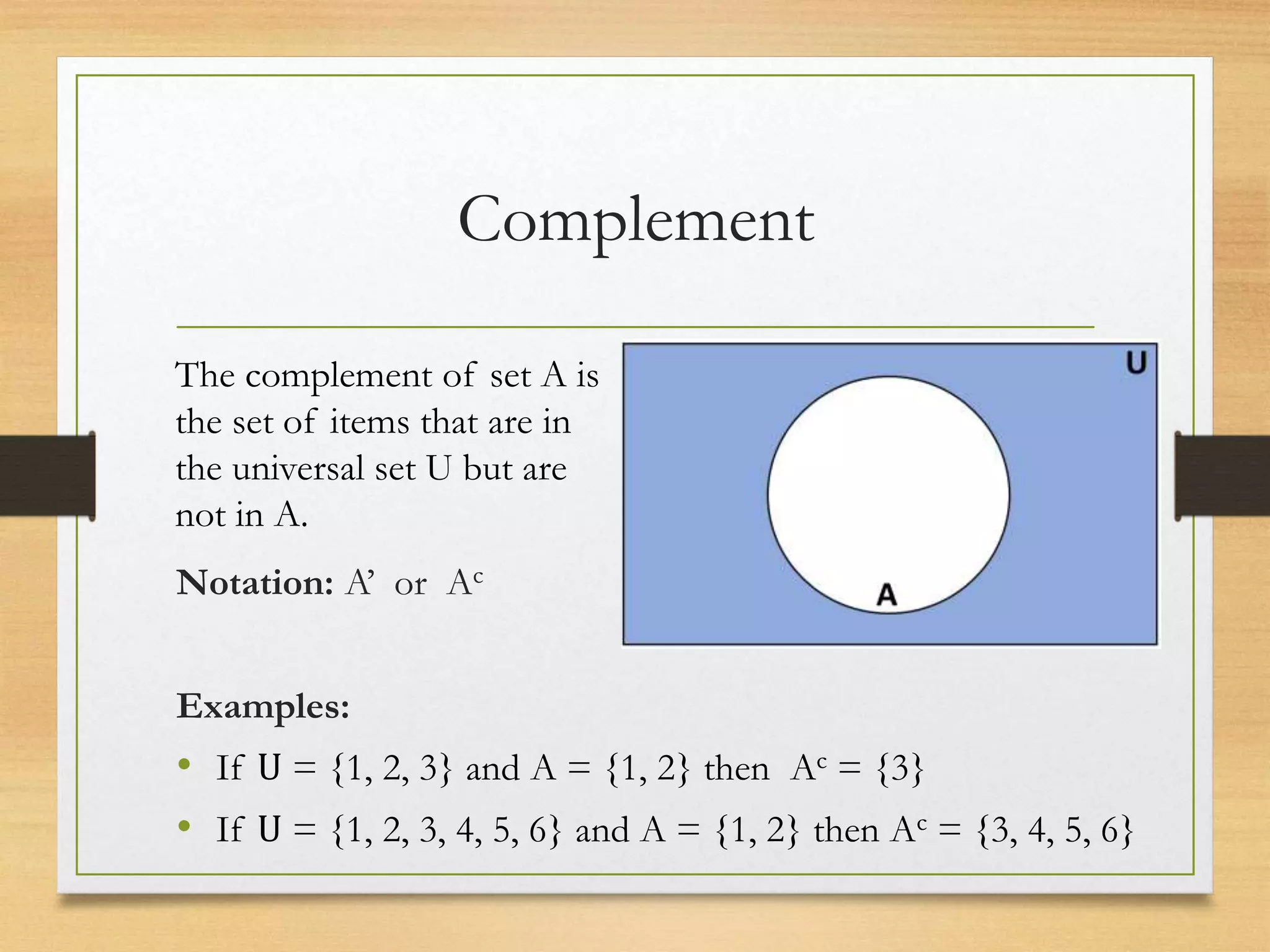 Complement
Notation: A’ or Ac
Examples:
• If U = {1, 2, 3} and A = {1, 2} then Ac = {3}
• If U = {1, 2, 3, 4, 5, 6} and A = {1, 2} then Ac = {3, 4, 5, 6}
The complement of set A is
the set of items that are in
the universal set U but are
not in A.
 