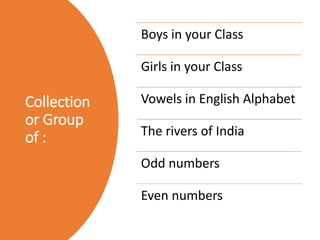 Collection
or Group
of :
Boys in your Class
Girls in your Class
Vowels in English Alphabet
The rivers of India
Odd numbers
Even numbers
 