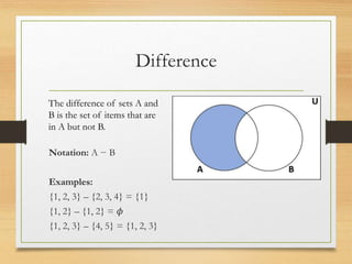 Difference
Notation: A − B
Examples:
{1, 2, 3} – {2, 3, 4} = {1}
{1, 2} – {1, 2} = 𝜙
{1, 2, 3} – {4, 5} = {1, 2, 3}
The difference of sets A and
B is the set of items that are
in A but not B.
 