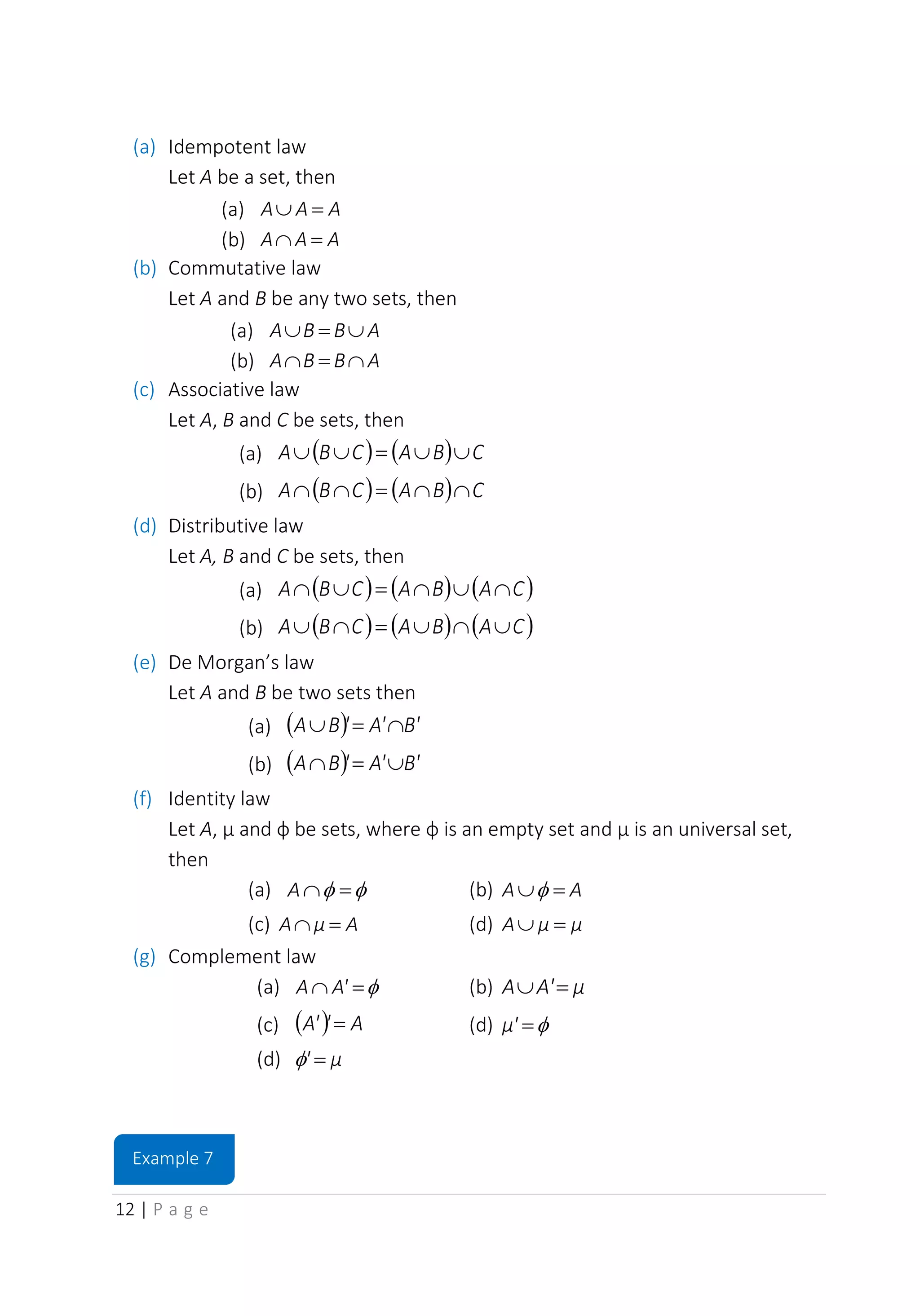 12 | P a g e
(a) Idempotent law
Let A be a set, then
(a) A
A
A =

(b) A
A
A =

(b) Commutative law
Let A and B be any two sets, then
(a) A
B
B
A 
=

(b) A
B
B
A 
=

(c) Associative law
Let A, B and C be sets, then
(a) ( ) ( ) C
B
A
C
B
A 

=


(b) ( ) ( ) C
B
A
C
B
A 

=


(d) Distributive law
Let A, B and C be sets, then
(a) ( ) ( ) ( )
C
A
B
A
C
B
A 


=


(b) ( ) ( ) ( )
C
A
B
A
C
B
A 


=


(e) De Morgan’s law
Let A and B be two sets then
(a) ( ) B'
A'
'
B
A 
=

(b) ( ) B'
A'
'
B
A 
=

(f) Identity law
Let A, µ and ф be sets, where ф is an empty set and µ is an universal set,
then
(a) 
 =

A (b) A
A =

(c) A
μ
A =
 (d) μ
μ
A =

(g) Complement law
(a) 
=
 A'
A (b) μ
A'
A =

(c) ( ) A
'
A' = (d) 
=
μ'
(d) μ
' =

Example 7
 
