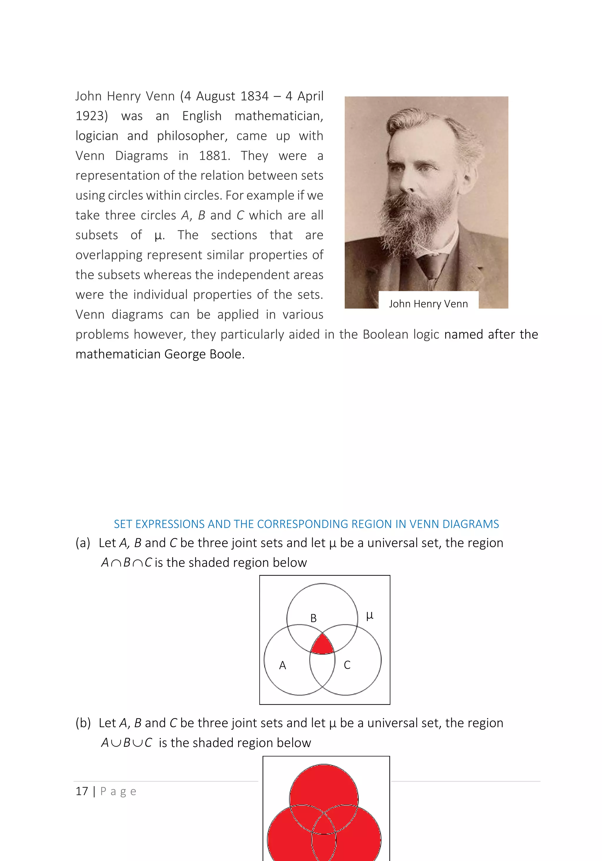 17 | P a g e
John Henry Venn (4 August 1834 – 4 April
1923) was an English mathematician,
logician and philosopher, came up with
Venn Diagrams in 1881. They were a
representation of the relation between sets
using circles within circles. For example if we
take three circles A, B and C which are all
subsets of µ. The sections that are
overlapping represent similar properties of
the subsets whereas the independent areas
were the individual properties of the sets.
Venn diagrams can be applied in various
problems however, they particularly aided in the Boolean logic named after the
mathematician George Boole.
SET EXPRESSIONS AND THE CORRESPONDING REGION IN VENN DIAGRAMS
(a) Let A, B and C be three joint sets and let µ be a universal set, the region
C
B
A 
 is the shaded region below
(b) Let A, B and C be three joint sets and let µ be a universal set, the region
C
B
A 
 is the shaded region below
A
B
C
µ
John Henry Venn
 
