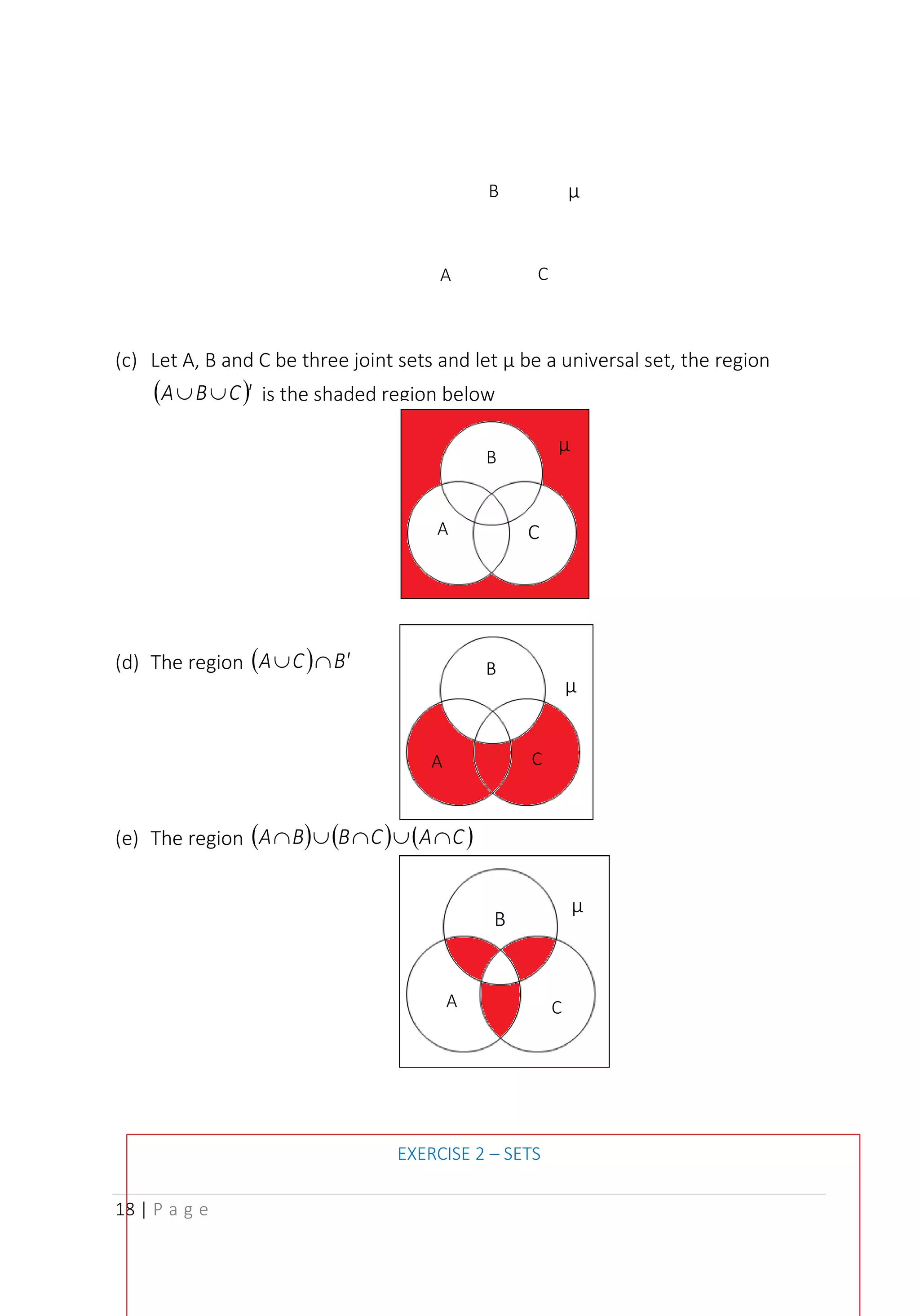 18 | P a g e
(c) Let A, B and C be three joint sets and let µ be a universal set, the region
( )'
C
B
A 
 is the shaded region below
(d) The region ( ) B'
C
A 

(e) The region ( ) ( ) ( )
C
A
C
B
B
A 




EXERCISE 2 – SETS
B
C
A
µ
A
B
C
µ
A
B
C
µ
A
B
µ
C
 