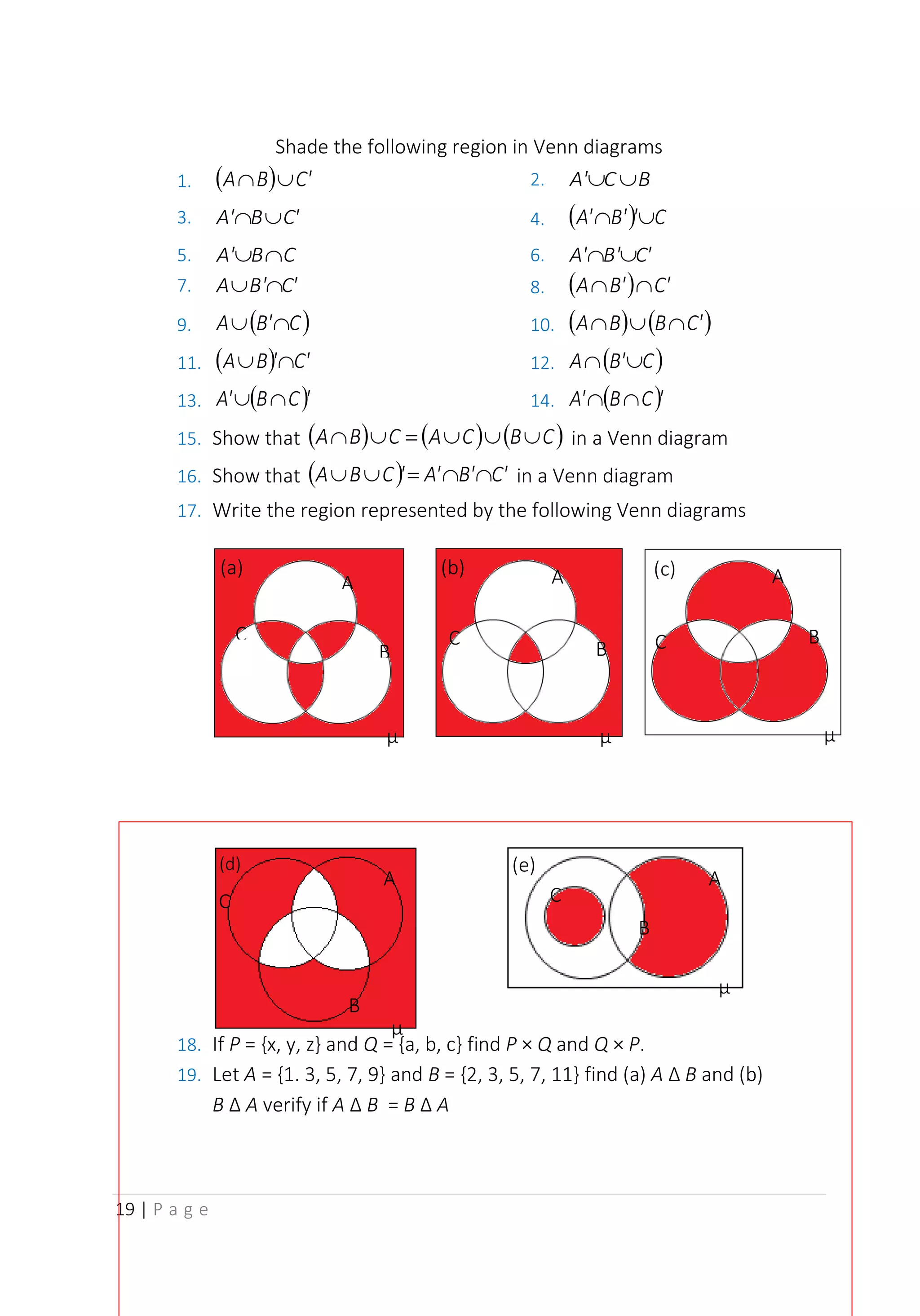 19 | P a g e
Shade the following region in Venn diagrams
1. ( ) C'
B
A 
 2. B
C
A' 

3. C'
B
A' 
 4. ( ) C
'
B'
A' 

5. C
B
A' 
 6. C'
B'
A' 

7. C'
B'
A 
 8. ( ) C'
B'
A 

9. ( )
C
B'
A 
 10. ( ) ( )
C'
B
B
A 


11. ( ) C'
'
B
A 
 12. ( )
C
B'
A 

13. ( )'
C
B
A' 
 14. ( )'
C
B
A' 

15. Show that ( ) ( ) ( )
C
B
C
A
C
B
A 


=

 in a Venn diagram
16. Show that ( ) C'
B'
A'
'
C
B
A 

=

 in a Venn diagram
17. Write the region represented by the following Venn diagrams
18. If P = {x, y, z} and Q = {a, b, c} find P × Q and Q × P.
19. Let A = {1. 3, 5, 7, 9} and B = {2, 3, 5, 7, 11} find (a) A Δ B and (b)
B Δ A verify if A Δ B = B Δ A
(a) (b) (c)
(d) (e)
A
C
B
µ µ
µ
B
A
C
A
B
C
A
µ
C
B
A
C
B
µ
 