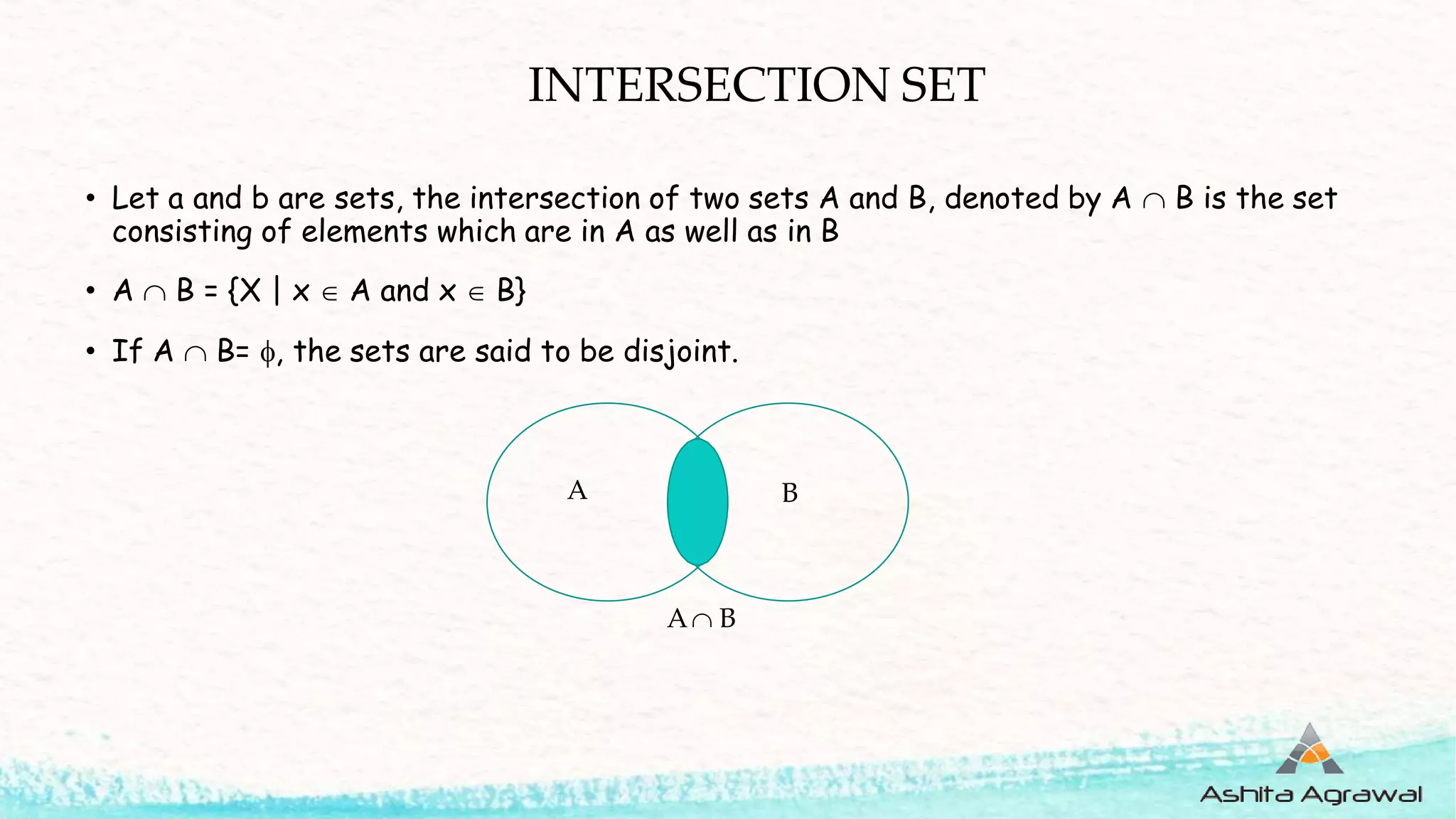 INTERSECTION SET
• Let a and b are sets, the intersection of two sets A and B, denoted by A  B is the set
consisting of elements which are in A as well as in B
• A  B = {X | x  A and x  B}
• If A  B= , the sets are said to be disjoint.
A B
A B
 