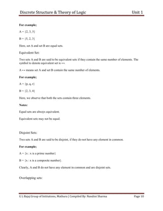 Discrete Structure & Theory of Logic Unit 1
G L Bajaj Group of Intitutions, Mathura | Compiled By: Nandini Sharma Page 10
For example;
A = {2, 3, 5}
B = {5, 2, 3}
Here, set A and set B are equal sets.
Equivalent Set:
Two sets A and B are said to be equivalent sets if they contain the same number of elements. The
symbol to denote equivalent set is ↔.
A ↔ means set A and set B contain the same number of elements.
For example;
A = {p, q, r}
B = {2, 3, 4}
Here, we observe that both the sets contain three elements.
Notes:
Equal sets are always equivalent.
Equivalent sets may not be equal.
Disjoint Sets:
Two sets A and B are said to be disjoint, if they do not have any element in common.
For example;
A = {x : x is a prime number}
B = {x : x is a composite number}.
Clearly, A and B do not have any element in common and are disjoint sets.
Overlapping sets:
 