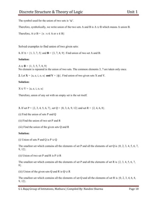 Discrete Structure & Theory of Logic Unit 1
G L Bajaj Group of Intitutions, Mathura | Compiled By: Nandini Sharma Page 18
The symbol used for the union of two sets is ‘∪’.
Therefore, symbolically, we write union of the two sets A and B is A ∪ B which means A union B.
Therefore, A ∪ B = {x : x ∈ A or x ∈ B}
Solved examples to find union of two given sets:
1. If A = {1, 3, 7, 5} and B = {3, 7, 8, 9}. Find union of two set A and B.
Solution:
A ∪ B = {1, 3, 5, 7, 8, 9}
No element is repeated in the union of two sets. The common elements 3, 7 are taken only once.
2. Let X = {a, e, i, o, u} and Y = {ф}. Find union of two given sets X and Y.
Solution:
X ∪ Y = {a, e, i, o, u}
Therefore, union of any set with an empty set is the set itself.
3. If set P = {2, 3, 4, 5, 6, 7}, set Q = {0, 3, 6, 9, 12} and set R = {2, 4, 6, 8}.
(i) Find the union of sets P and Q
(ii) Find the union of two set P and R
(iii) Find the union of the given sets Q and R
Solution:
(i) Union of sets P and Q is P ∪ Q
The smallest set which contains all the elements of set P and all the elements of set Q is {0, 2, 3, 4, 5, 6, 7,
9, 12}.
(ii) Union of two set P and R is P ∪ R
The smallest set which contains all the elements of set P and all the elements of set R is {2, 3, 4, 5, 6, 7,
8}.
(iii) Union of the given sets Q and R is Q ∪ R
The smallest set which contains all the elements of set Q and all the elements of set R is {0, 2, 3, 4, 6, 8,
9, 12}.
 