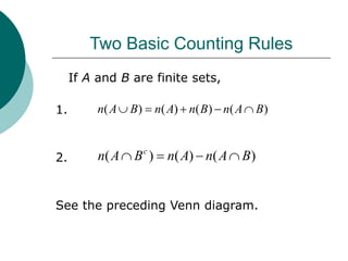 Two Basic Counting Rules
If A and B are finite sets,
1.
2.
See the preceding Venn diagram.
)
(
)
(
)
(
)
( B
A
n
B
n
A
n
B
A
n 




)
(
)
(
)
( B
A
n
A
n
B
A
n c




 