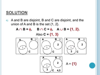 SOLUTION
4) A and B are disjoint, B and C are disjoint, and the
union of A and B is the set {1, 2}.
A  B = , B  C = , A  B = {1, 2}.
Also C = {1, 3}
A = {1}
A B
C
A B
C
2
A B
C
2
3
A B
C
2
3 4,5
 